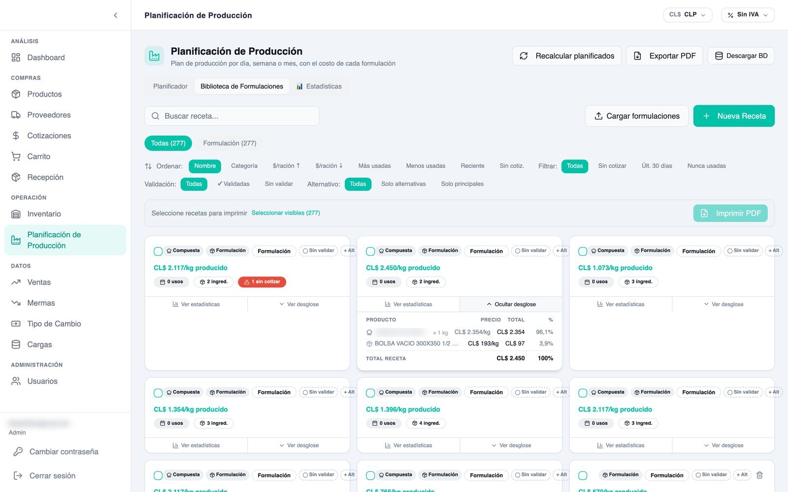 Pantalla de NCI Abastecimiento: el costo de cada kilo, desde la formulación