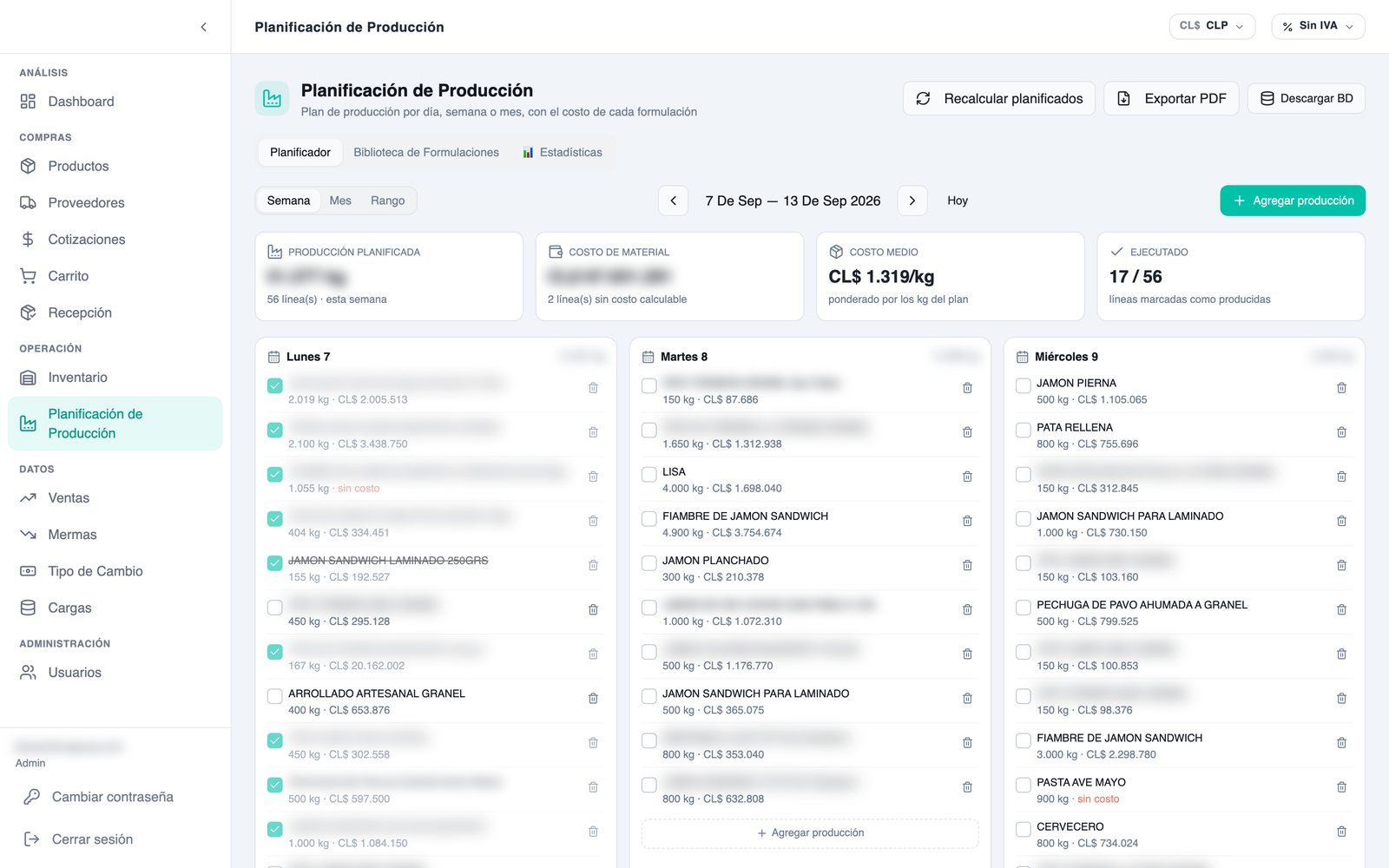 Pantalla de NCI Abastecimiento: el plan de producción, con su costo