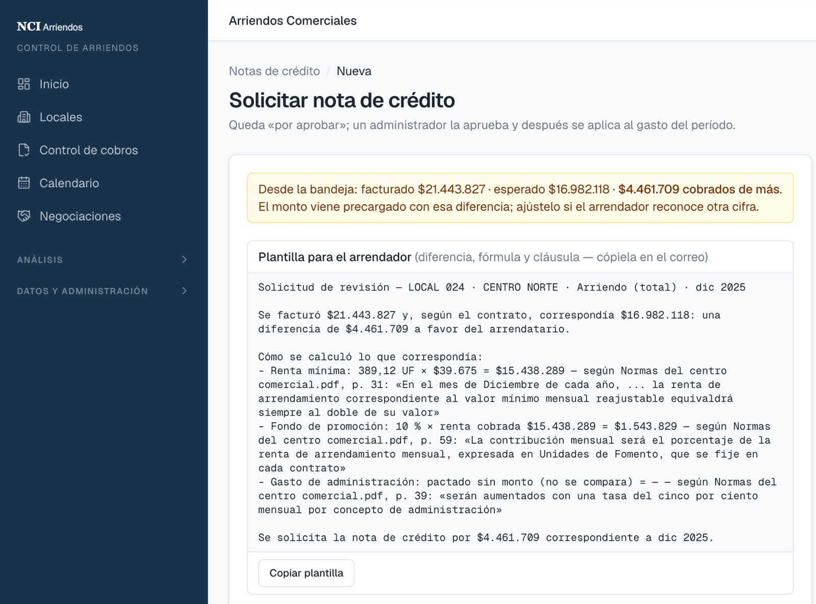 Pantalla de NCI Arriendos: la solicitud de nota de crédito, redactada