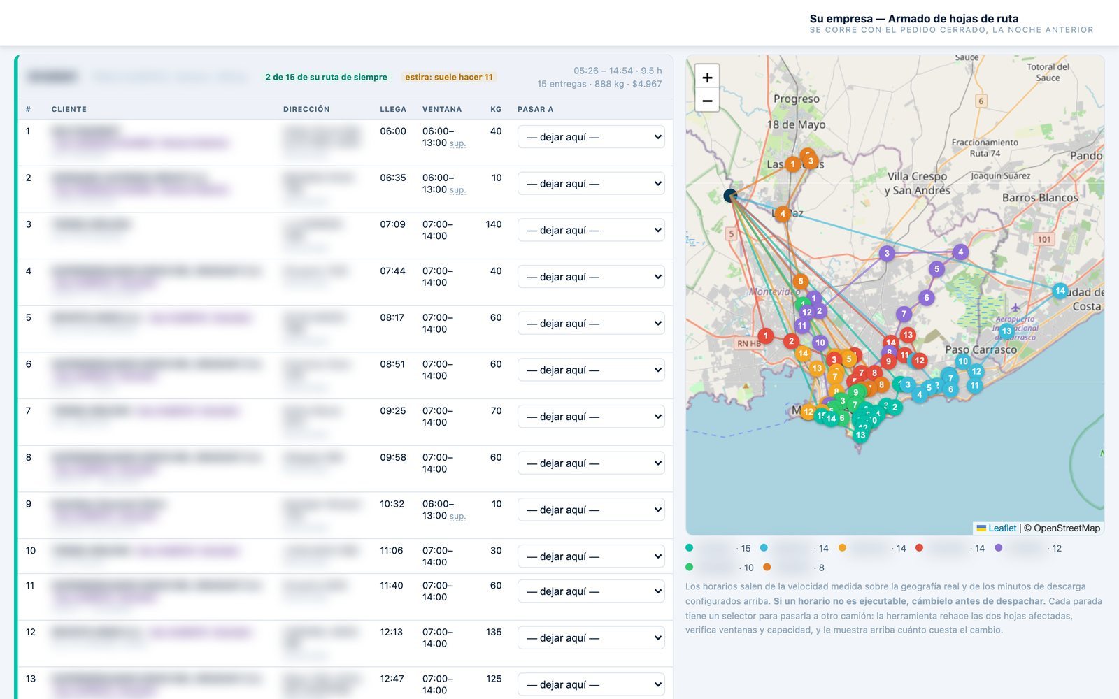 NCI Rutas: las rutas del día en el mapa y la hoja de cada camión con horarios de llegada